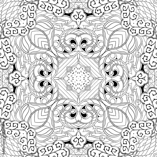 Tracery binary monochrome pattern. Mehendi carpet design. Neat even harmonious calming doodle texture. Also seamless. Indifferent discreet. Ambitious bracing usable, curved doodling mehndi. Vector.