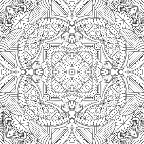 Tracery binary monochrome pattern. Mehendi carpet design. Neat even harmonious calming doodle texture. Also seamless. Indifferent discreet. Ambitious bracing usable, curved doodling mehndi. Vector.