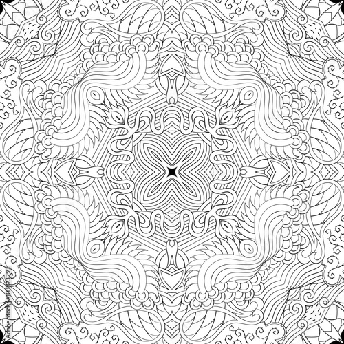 Tracery binary monochrome pattern. Mehendi carpet design. Neat even harmonious calming doodle texture. Also seamless. Indifferent discreet. Ambitious bracing usable, curved doodling mehndi. Vector.