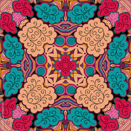 Tracery colorful pattern. Mehendi carpet design. Neat even harmonious calming doodle texture. Also seamless. Indifferent discreet. Ambitious bracing usable, curved doodling mehndi. Vector.