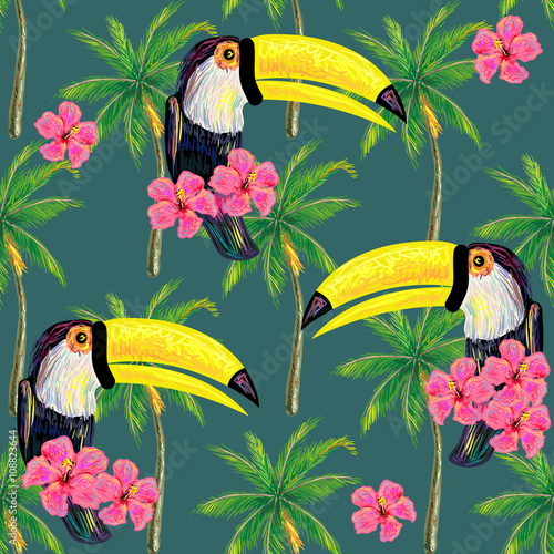 Seamless jungle pattern with toucan exotic bird, palm trees, tropical hibiscus flower vector background. Perfect for wallpapers, pattern fills, web page backgrounds, surface textures, textile