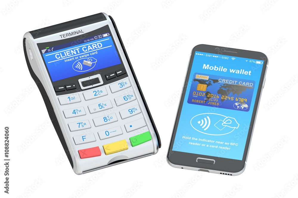 POS-terminal with smartphone, NFC concept. 3D rendering POS-terminal with smartphone, NFC concept. 3D rendering