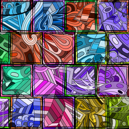 Tracery loops, doodle wind pattern in the style of stained glass. Mehendi paisley, stem, spiral, wave, bud mehndi design. Handmade doodling design. For site background, printing. Vector.
