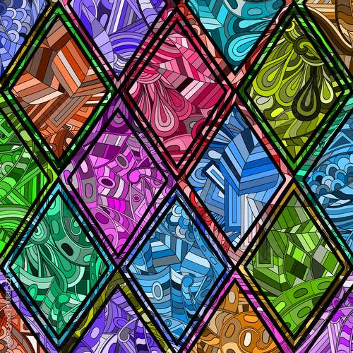 Tracery loops, doodle wind pattern in the style of stained glass. Mehendi paisley, stem, spiral, wave, bud mehndi design. Handmade doodling design. For site background, printing. Vector.