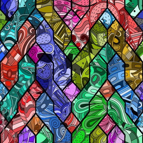 Tracery loops, doodle wind pattern in the style of stained glass. Mehendi paisley, stem, spiral, wave, bud mehndi design. Handmade doodling design. For site background, printing. Vector.