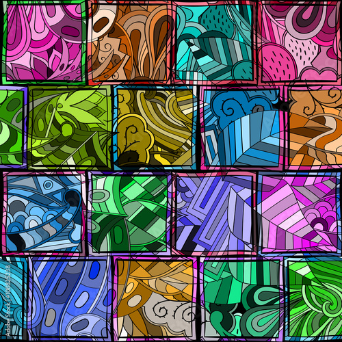 Tracery loops, doodle wind pattern in the style of stained glass. Mehendi paisley, stem, spiral, wave, bud mehndi design. Handmade doodling design. For site background, printing. Vector.