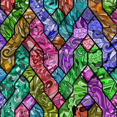 Tracery loops, doodle wind pattern in the style of stained glass. Mehendi paisley, stem, spiral, wave, bud mehndi design. Handmade doodling design. For site background, printing. Vector.