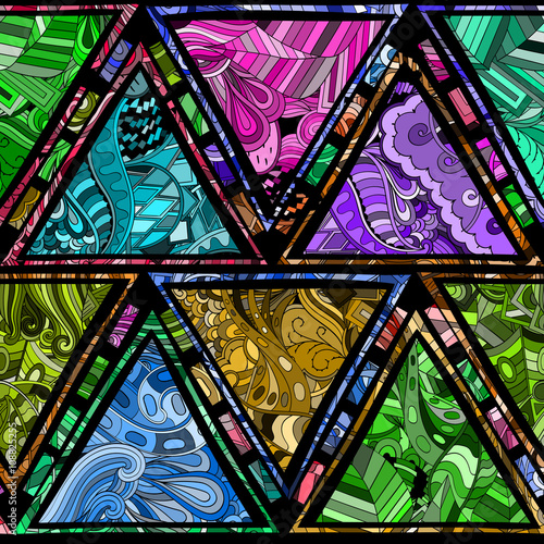 Tracery loops, doodle wind pattern in the style of stained glass. Mehendi paisley, stem, spiral, wave, bud mehndi design. Handmade doodling design. For site background, printing. Vector.