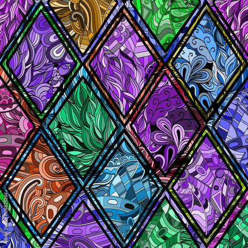 Tracery loops, doodle wind pattern in the style of stained glass. Mehendi paisley, stem, spiral, wave, bud mehndi design. Handmade doodling design. For site background, printing. Vector.