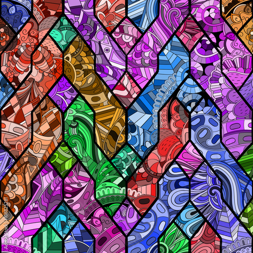 Tracery loops, doodle wind pattern in the style of stained glass. Mehendi paisley, stem, spiral, wave, bud mehndi design. Handmade doodling design. For site background, printing. Vector.