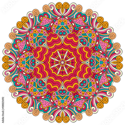 Mehndi mandala tracery wheel design. Handmade natural mood texture. Paisley, winding stem, bud mehndi doodle. Curved lines, doodling design. Good for plates, dish, tableware.