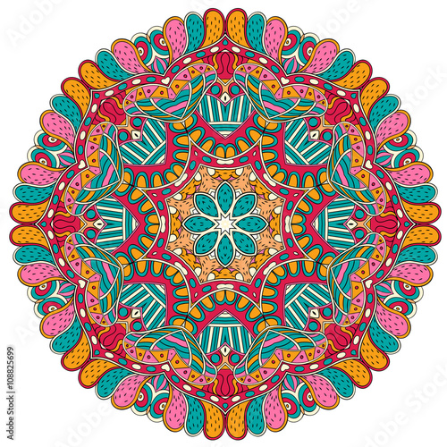 Mehndi mandala tracery wheel design. Handmade natural mood texture. Paisley, winding stem, bud mehndi doodle. Curved lines, doodling design. Good for plates, dish, tableware.