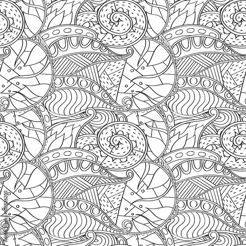 Tracery seamless pattern calming. Mehndi design. Neat binary harmonious even doodle texture. Algae is motif. Ethnically indifferent. Ambiguous usable bracing, curved doodling mehendi. Vector.