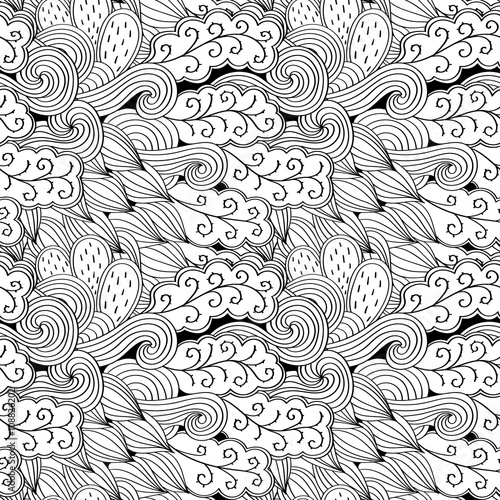 Tracery seamless pattern calming. Mehndi design. Neat binary harmonious even doodle texture. Algae is motif. Ethnically indifferent. Ambiguous usable bracing, curved doodling mehendi. Vector.