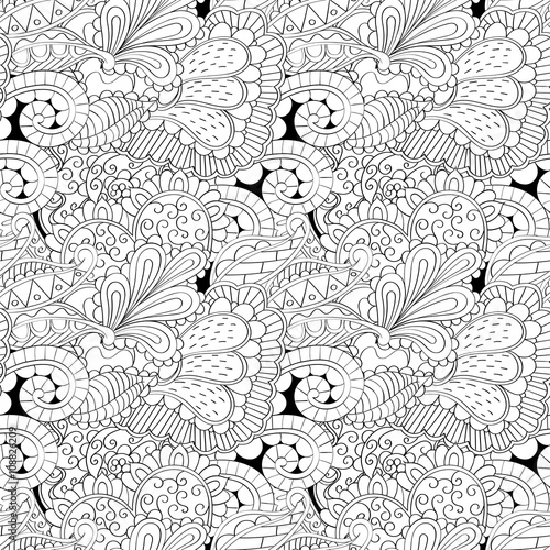 Tracery seamless calming pattern. Mehendi design. Neat even binary harmonious doodle texture. Algae sea motif. Indifferent ethnical. Ambitious bracing usable, curved doodling mehndi. Vector.