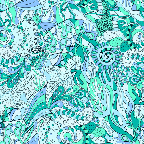 Tracery seamless calming pattern. Mehendi design. Neat even colorful blue harmonious doodle texture. Algae sea motif. Indifferent discreet. Ambitious bracing usable, curved doodling mehndi. Vector.