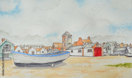 Ink and Watercolor of Aldeburgh beach Suffolk England with boat and tower