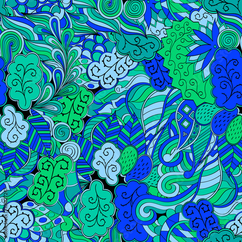 Tracery seamless calming pattern. Mehendi design. Neat even blue harmonious doodle texture. Algae sea motif. Indifferent discreet. Ambitious bracing usable, curved doodling mehndi. Vector.