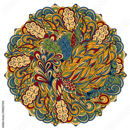 Mehndi mandala tracery wheel design. Handmade natural mood texture. Paisley, winding stem, bud mehndi doodle. Curved lines, doodling design. Good for plates, dish, tableware.