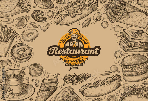 template design menu restaurant, diner. hand drawn food