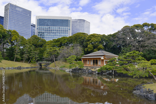 Hamarikyu gardens in Tokyo Japan, a nice example of a traditional Japanese garden in an urban environment © nyker
