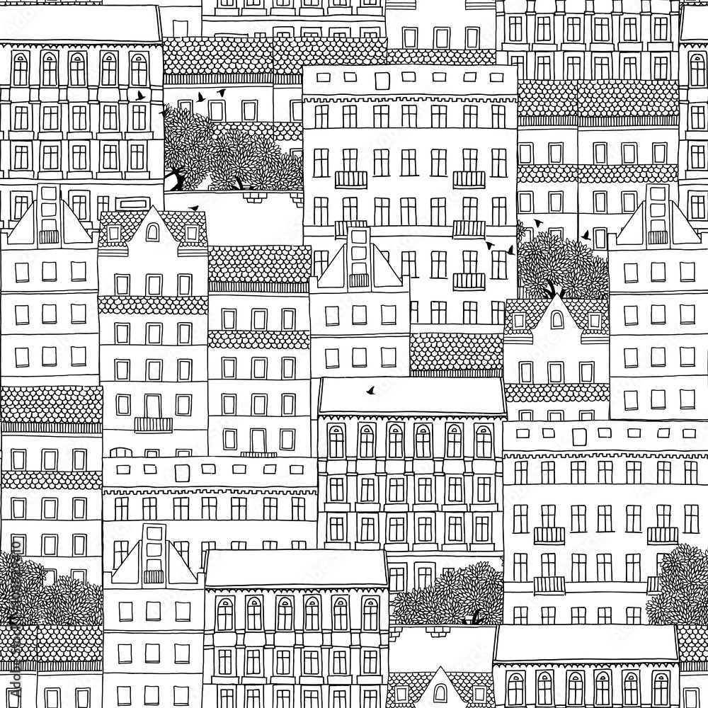 Hand drawn seamless pattern of German style houses