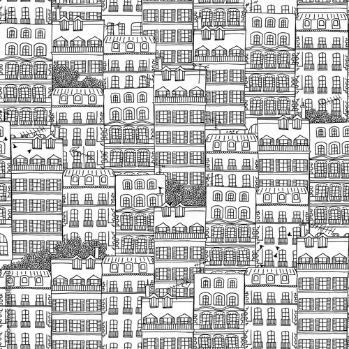 Hand drawn seamless pattern of French style houses