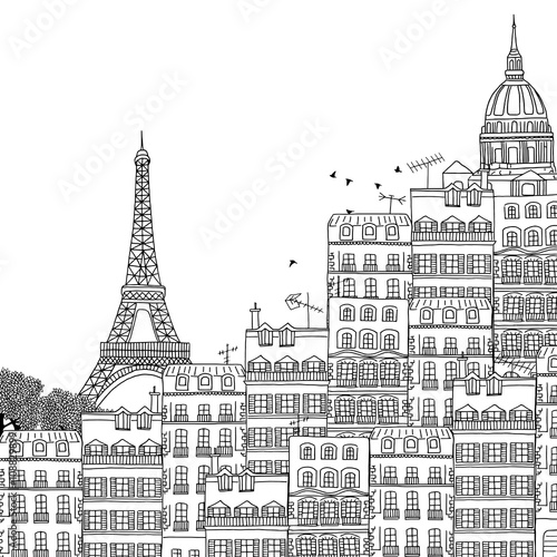Hand drawn black and white illustration of Paris