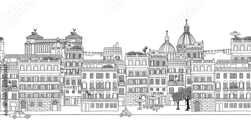 Seamless banner of Rome's skyline, hand drawn black and white illustration