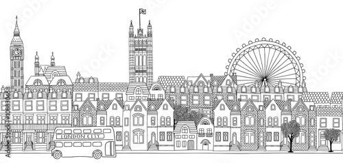 Seamless banner of London's skyline, hand drawn black and white illustration