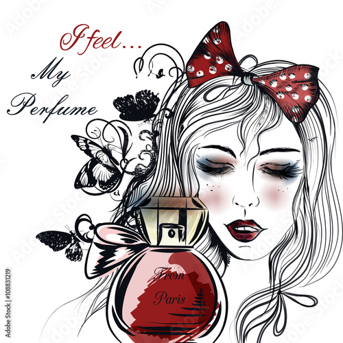 Fashion illustration with a face of pretty girl looking on a bot