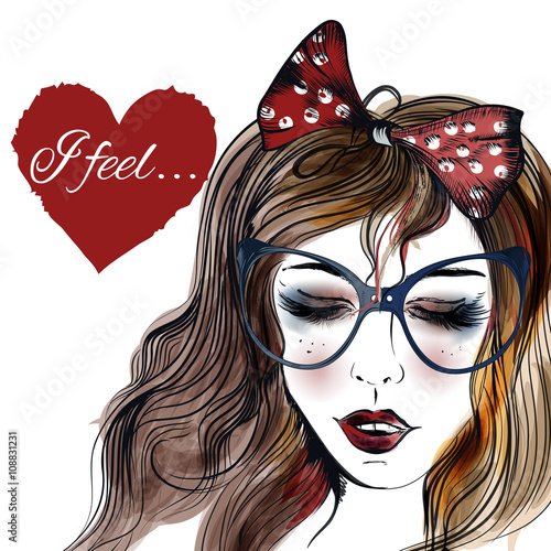 Fashion illustration with a face of pretty girl in glasses
