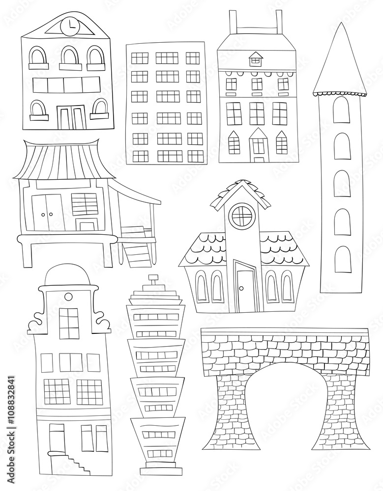 Set Of Doodle City Buildings Structures Line art No fill Bridge House Apartment