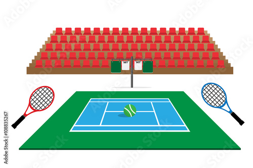 tennis court with stadium seats and retro scoreboard