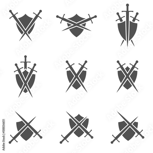 Set of abstract icons - shield and sword 