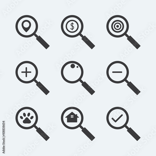 Search icons set, black on white background, Magnifier Glass and Zoom Icons.