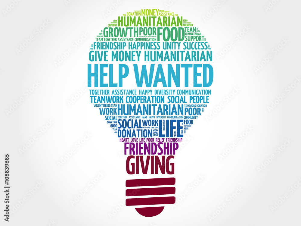 Help Wanted bulb word cloud collage concept Help Wanted bulb word cloud collage concept