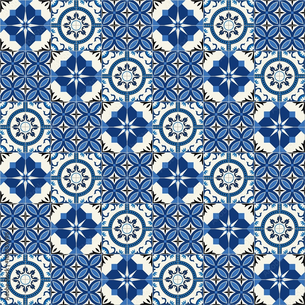 Stylish seamless pattern patchwork mix of  Moroccan tiles in trendy shades of blue.