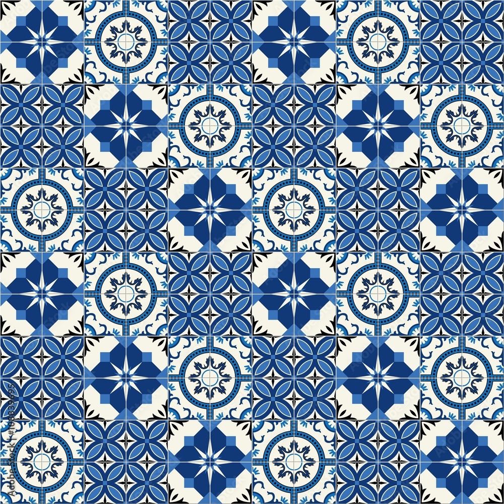 Stylish seamless pattern patchwork mix of Moroccan tiles in trendy shades of blue. Stylish seamless pattern patchwork mix of Moroccan tiles in trendy shades of blue.