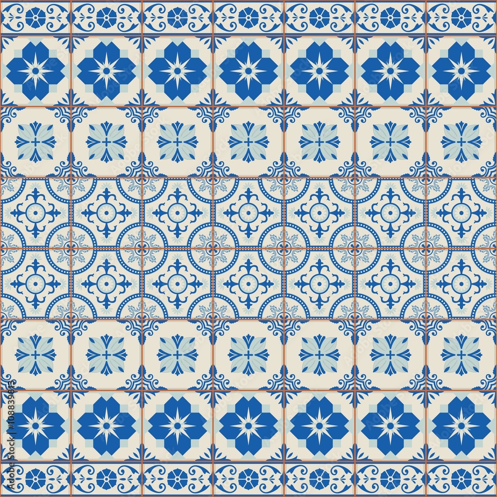Vintage seamless  pattern from grunge Moroccan, Portuguese, Azulejo tiles and border, retro ornaments.  Template for interior design