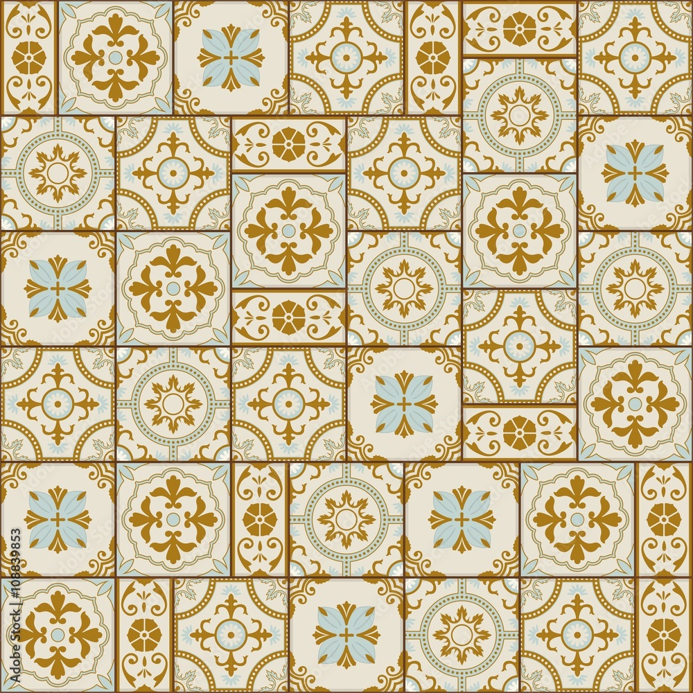 Stylish seamless pattern patchwork mix of  Vintage  from  Moroccan, Portuguese, Azulejo tiles , retro ornaments.  Template for interior design in trendy shades of brown, sepia