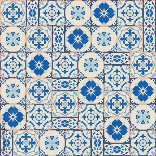 Stylish seamless pattern patchwork mix of Vintage from Moroccan, Portuguese, Azulejo tiles , retro ornaments. Template for interior design in trendy shades of blue.