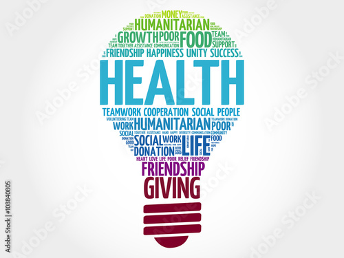 Health bulb word cloud collage concept
