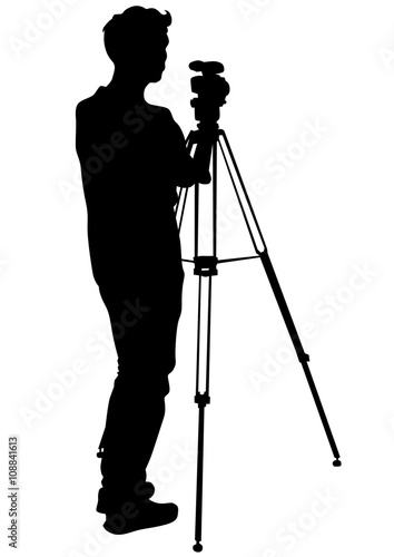 Journalist and tripod of video camera on white background