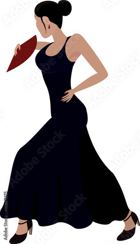 Flamenco dancer in long dress   with a red  fan