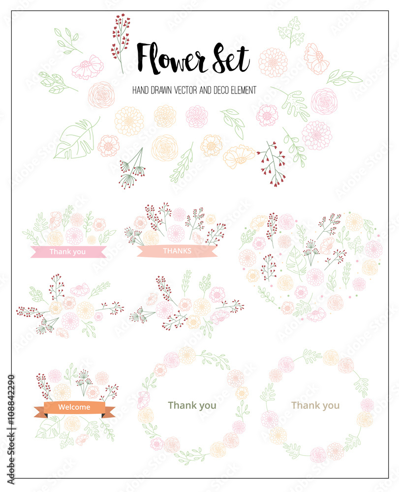 Wedding graphic set. FLOWER DESIGN ELEMENTS. Frames, labels, ribbons, symbols. Brand & identity elements such as logo.
Wedding graphic set. FLOWER DESIGN ELEMENTS. Frames, labels, ribbons, symbols. Brand & identity elements such as logo.