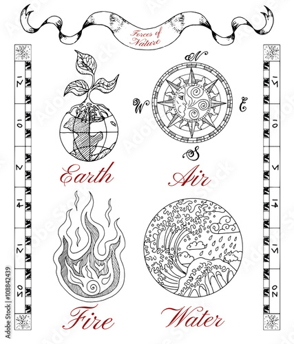 Graphic set with four nature elements: water, air fire and earth