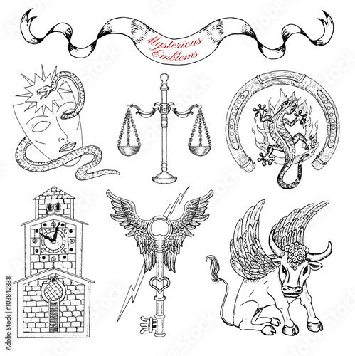 Hand drawn set with mysterious emblems