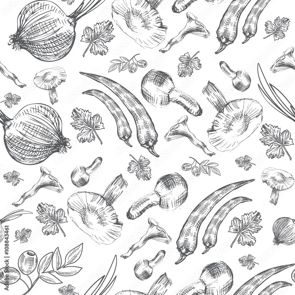 Fototapeta premium Hand drawn sketch vegetables, Vector illustration mushrooms, olive, pepper, onion isolated on white, Ideal for use in organic food industry, healthy green food market, vegetarian restaurant menu