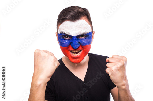 goal scream emotions of Russian football fan in game support of Russia national team on white background. European football fans concept.